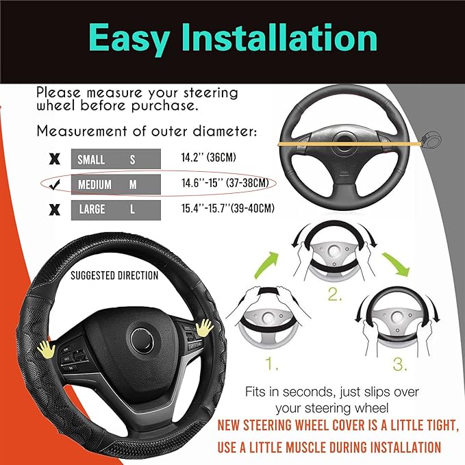 PINCTROT Steering Wheel Cover Great Grip with 3D Honeycomb Anti-Slip Design, Universal 14.5-15 Inch (All Black)