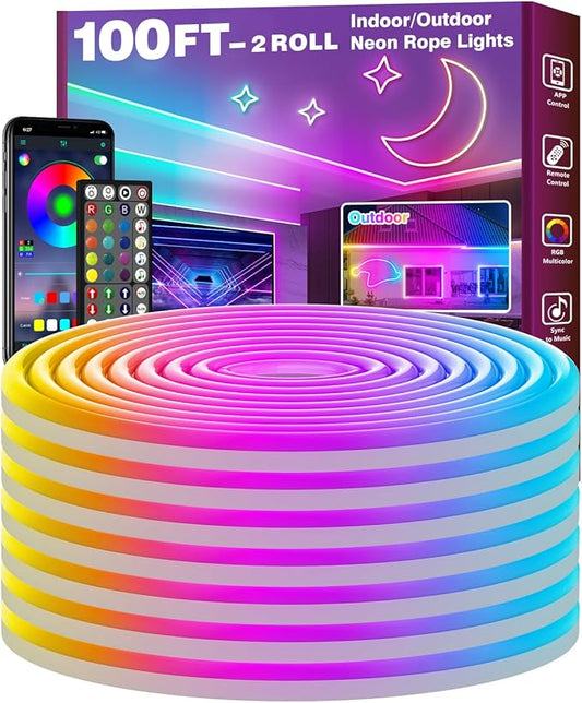 FBZ 100Ft Led Rope Lights, Flexible Neon Lights Control with App/Remote, Multiple Modes, IP65 Outdoor RGB Waterproof, Music Sync Gaming Light Strip for Bedroom Decor