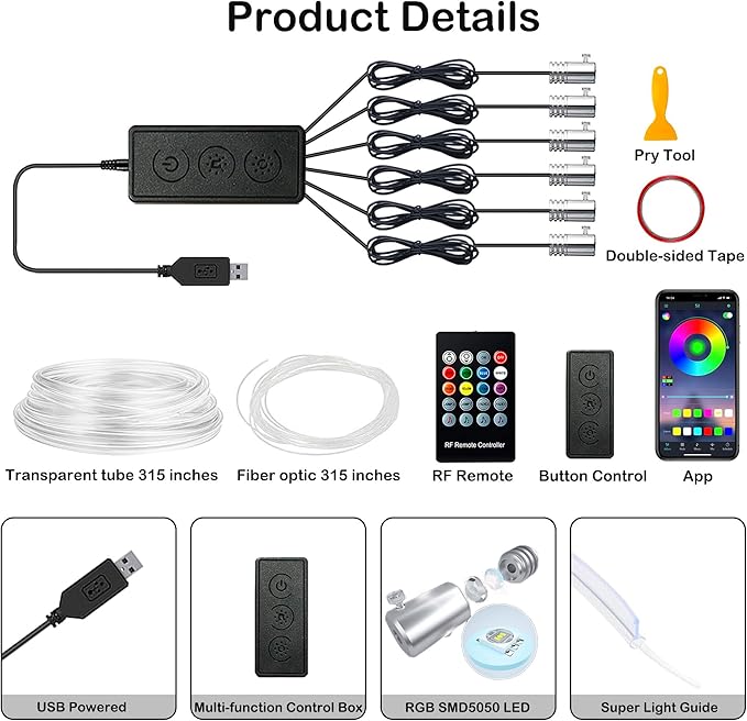 Interior Car LED Strip Lights, RGB 6 in 1 Ambient Lighting Kits with 315 inches Fiber Optic, 16 Million Colors Music Sync USB Car Interior Lights with Wireless APP/Button/RF Remote Control (6 in 1)