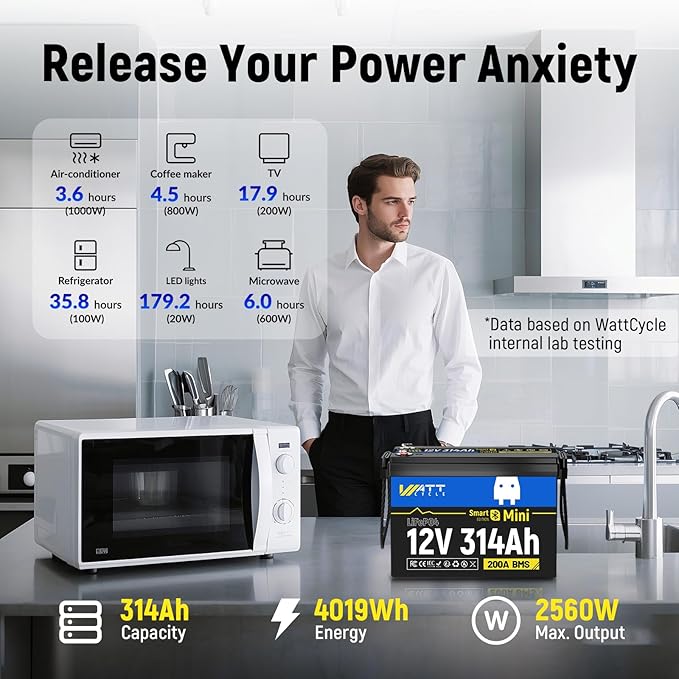 12V 314Ah Lithium LiFePO4 Battery Mini with Bluetooth 5.0 BMS 200A, 4.01kWh Energy, Upgraded Aluminum Cooling Fins & Braided Copper Wires, upporting devices over 2000W (2 PACK)