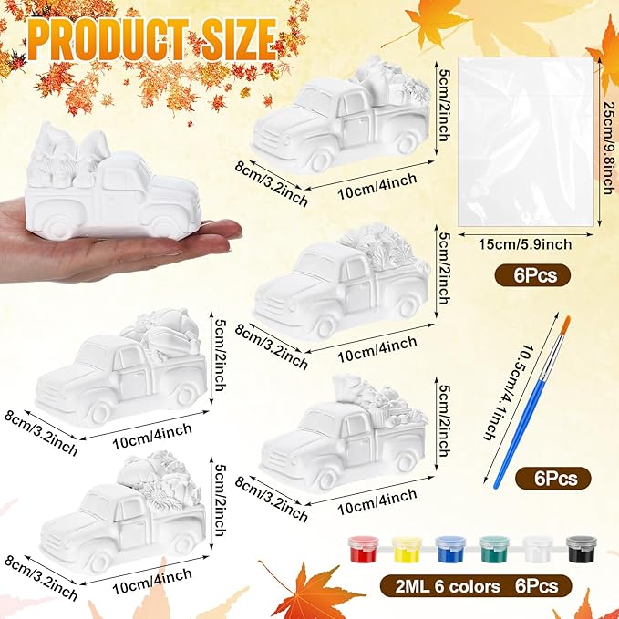JellyArch 6 Set Fall Thanksgiving DIY Ceramic Painting Kit 3D Ready to Paint Your Own Truck with Pumpkins Turkey Maple Leaf Statues Unpainted Plaster Craft with Brush Paint Bag for Adult