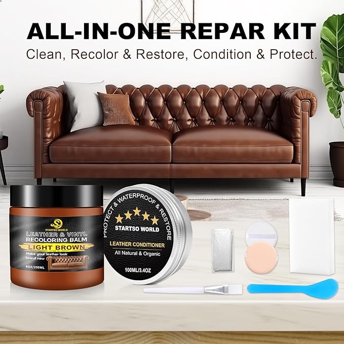 STARTSO WORLD 200Ml Leather Recoloring Balm with 100ML Leather Conditioner, Light Brown Leather Repair Kit for Furniture, Leather Dye, Leather Scratch Repair, Leather Couch Paint