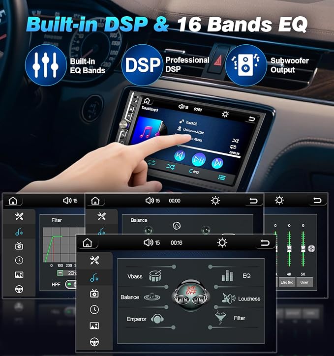 7" Wireless Double Din Car Play Stereo Apple Carplay Screen Radio Audio Receiver Android Auto Bluetooth 4.2 Channel 240W Amplifier Subwoofer MirrorLink Navigation FM/AM SWC Backup Camera Fast Charger