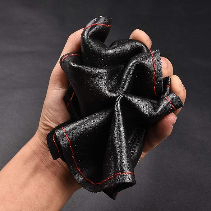 Universal Car Steering Wheel Cover with Top Genuine Leather, Anti-Slip Design and Soft Padding, Stitching Style (Black Leather with red Thread)