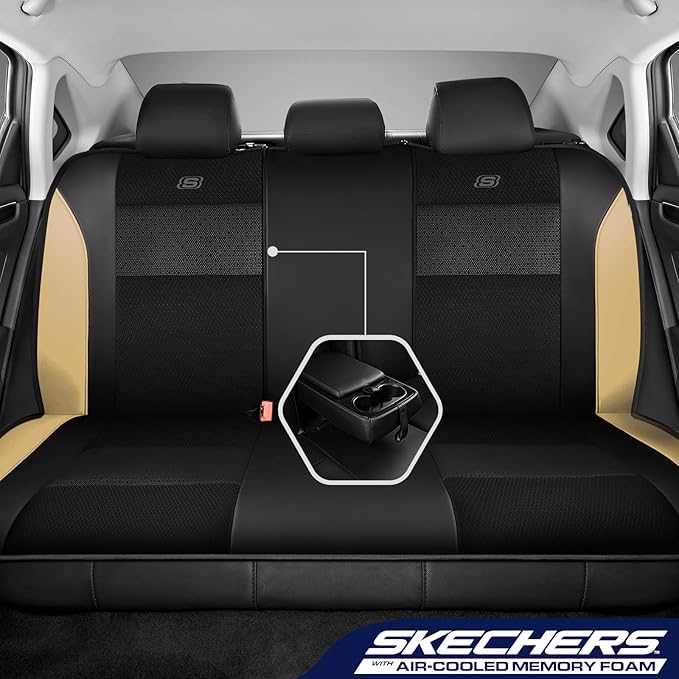 Skechers Aircooled & Memory Foam Seat Covers,Premium Leather with EVA Mesh Car Seat Covers,Seat Cover Full Sets,Airbag Compatible Automotive Comfort for Most Cars, Vans, Trucks, SUV,Beige