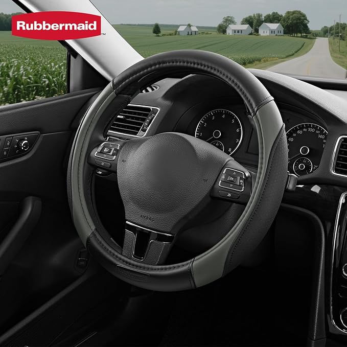 Rubbermaid Steering Wheel Cover – Universal Fit 14.5"–15" Steering Wheel Cover, Anti-Slip Grip, Breathable Leather, All-Season Protection, Interior Upgrade for Cars, Trucks, SUVs - Gray