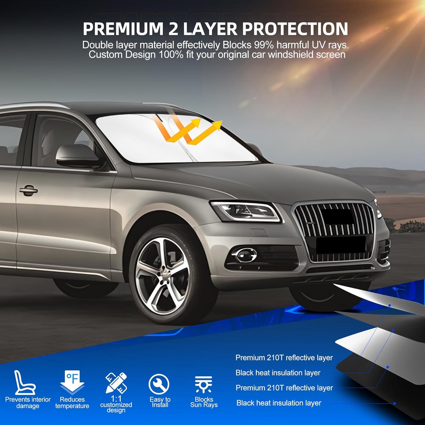 Windshield Sun Shade for Audi Q5 2009-2017 Foldable Sunshade Custom Fit Front Window Car Interior Accessories Protector Blocks UV Rays