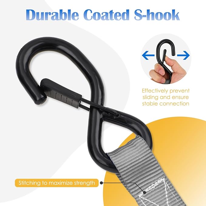 Ratchet Straps 4 Pack - 1,826 Lbs Break Strength 1 in x 15 Ft Medium Duty Ratchet Tie Down Straps with S Hooks Set for Truck, Cargo Van, Trailer, Motorcycle (Grey)