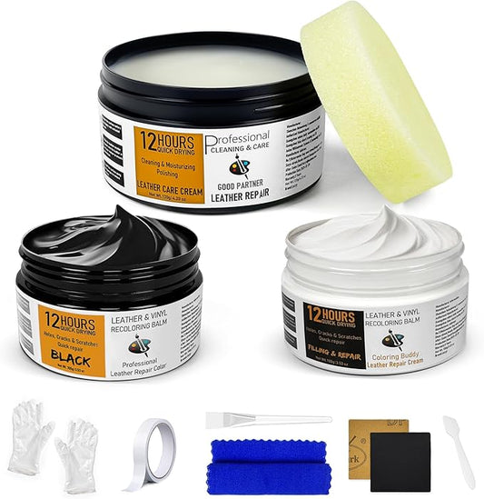 12H Quick-Dry Leather Repair Kit with 3.53Oz Black Leather Recoloring Balm, Filler & 4.23Oz Care Cream, 3-in-1 Vinyl Repair Set for Sofa, Car Seats, Jackets, Purses, Shoes, Faux Leather and More