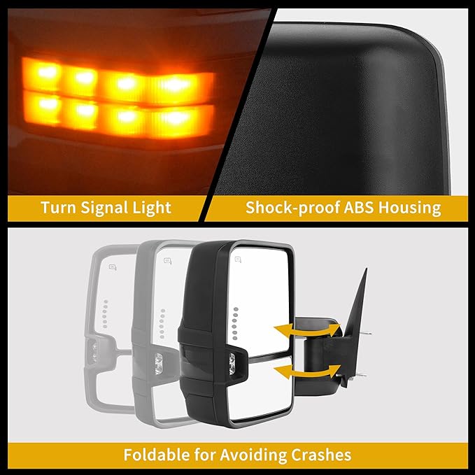 DWVO Towing Mirrors Compatible with 07 08 09 10 11 12 13 Silverado 1500 2500 3500 Tahoe Suburban Avalanche GMC Sierra Yukon Cadillac Folding Power Heated Manual Telescoping LED Turn Signal Light Black