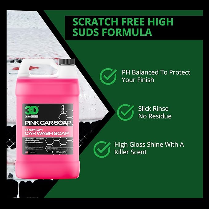 3D Pink Car Soap – 1 Gallon |pH Neutral Car Wash Soap with High Suds & Cherry Scent | Scratch-Free, High Gloss Shine | Safe on Wax & Sealants | Weekly Car Care