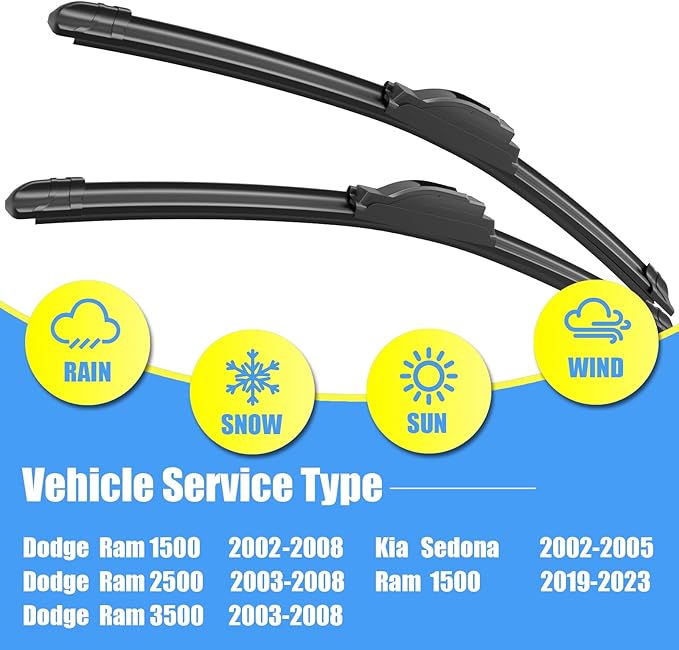 24"+24" Silicone Wiper Blades Replacement For Dodge Ram 1500 2002-2008, 2500 2003-2008, 3500 2003-2008, 1500 2019-2023, All-Season Front Windshield Wiper Blades (Set of 2)