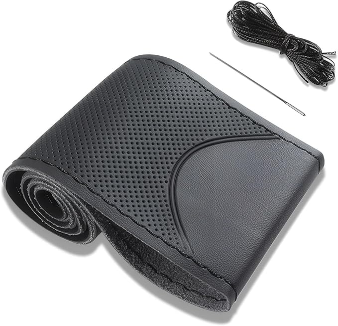Black Leather Steering Wheel Cover, Stitch On Wrap, Breathable Cowhide Car Steering Wheel Cover, Standard Size 15 Inch (Type B)