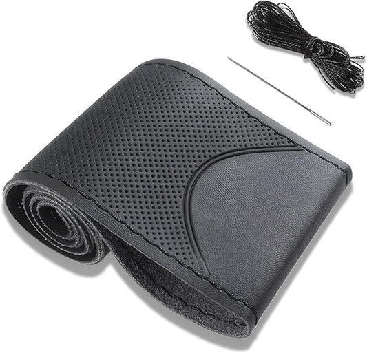 Black Leather Steering Wheel Cover, Stitch On Wrap, Breathable Cowhide Car Steering Wheel Cover, Standard Size 15 Inch (Type B)