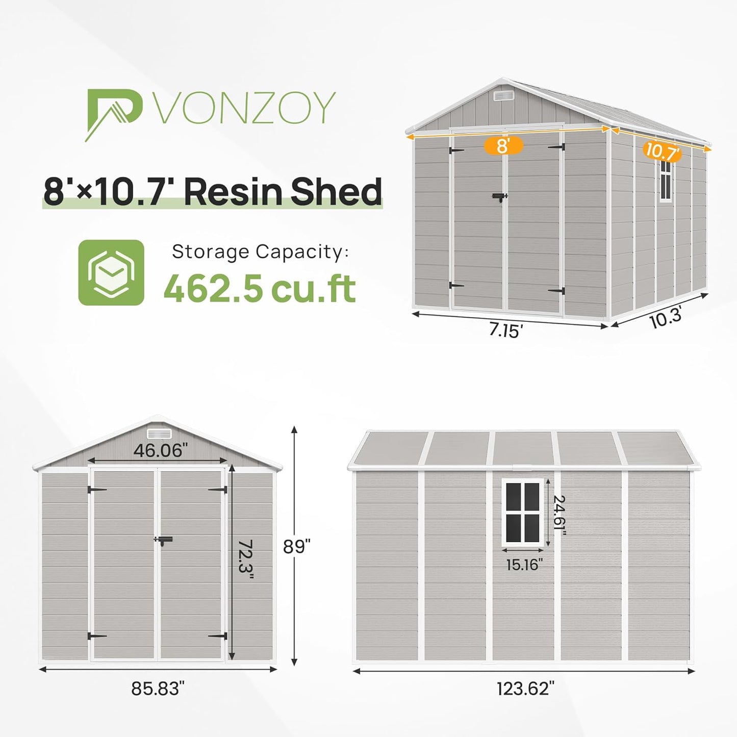 Resin Outdoor Storage Shed with Floor, 8x10.5 FT Plastic Garden Shed with Lockable Door & Window for Bike, Garbage Can, Lawn Mower, Bedge