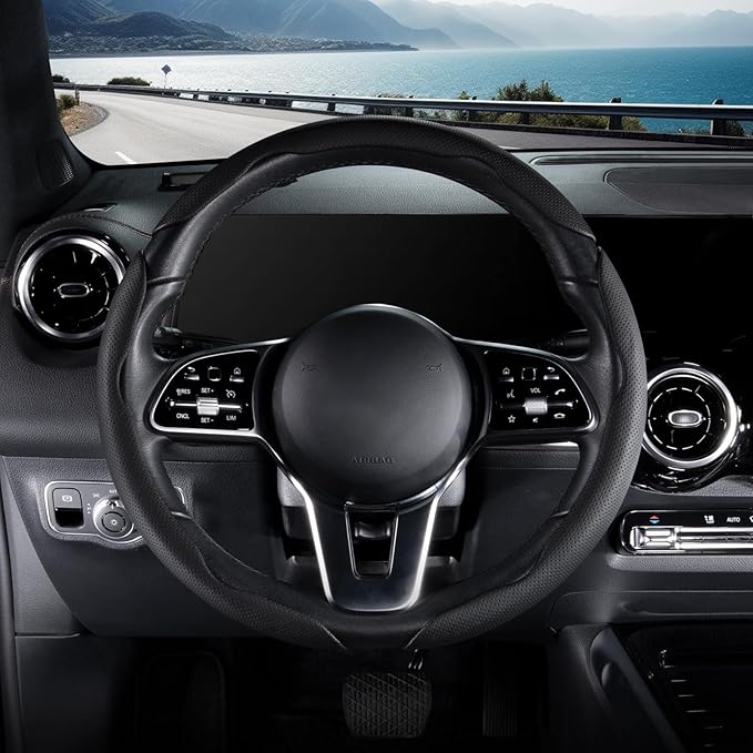 Nappa Leather Car Steering Wheel Cover for Men Women, Ultra-Thin Non-Slip Breathable Microfibre, Universal for 14.5"-15" Steering Wheel - Black