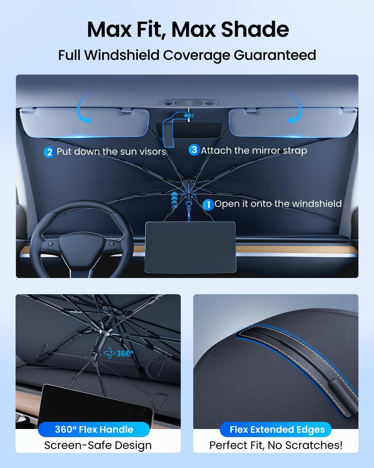 REEVAA 2025 Upgraded Car Windshield Sun Shade Umbrella [100% Sun Protection & Keep Cool] Protect Interior, 360° Flex Handle Sun Shield Sunshade, Medium (57''x32'') for Most SUV/Truck