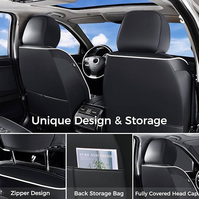 Huidasource Driver Seat Cover, Faux Leather Auto Front Seat Covers, Car Seat Covers Front Seats Universal Fit for Most Cars, Van, Truck, SUV, Fit for Honda Civic Nissan etc (Front Pair/Black&White)