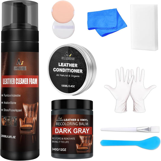 Leather Recoloring Balm Set,Leather Cleaner Restore Conditioner Mink Oil for Leather Repair Kit for Furniture Couches -Revives Repairs Scratches Leather Dye Furniture Polish (Dark Gray)