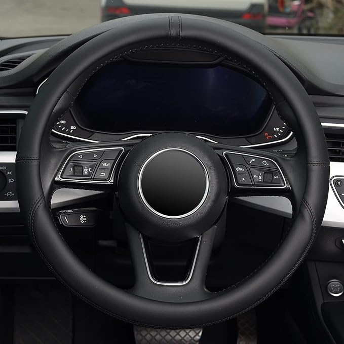 KAFEEK Steering Wheel Cover, Universal 15 inch, Anti-Slip, Odorless,Black Microfiber Leather