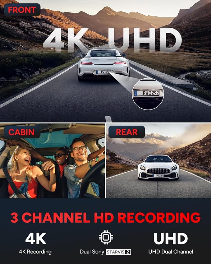 SJCAM M60 3 Channel Dash Cam Front and Rear Interior with Fast Bluetooth Connection, Equipped with STARVIS 2 HDR, Dashcam Front and Rear Camera, Built-in GPS/WiFi/Bluetooth, WDR Night Vision, 3CH