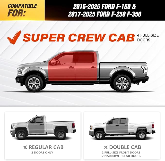 Three Raised Steps Running Boards Compatible with 2015-2025 Ford F150 & 2017-2025 Ford F250 F350 Super Duty Crew Cab Side Step Bolt-on Nerf Bar, Heavy-Duty Steel Side Bars