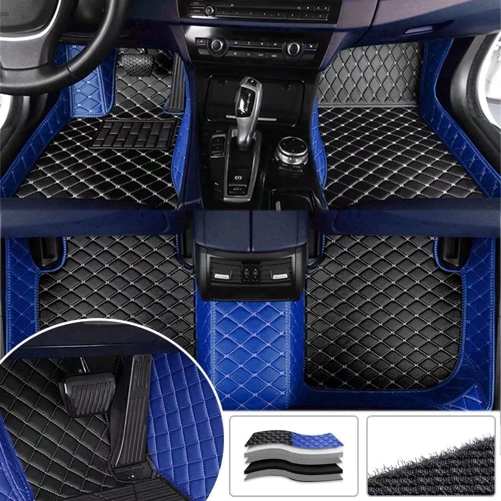 Custom All-Weather Protection Luxury Leather Floor Mats for Cars SUVs Trucks According Anti-Slip Leather Floor mats ﻿ (29,Blue and Black Beige)