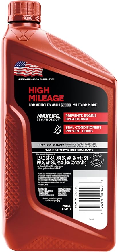 Valvoline High Mileage with MaxLife Technology 10W-30 Synthetic Blend Motor Oil 1 Quart