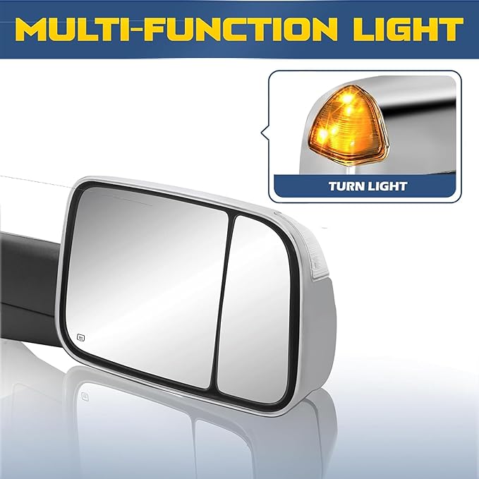 Pair Power Heated Towing Mirrors Compatible for 1998-2001 Dodge 1500 1998-2002 Ram 2500 3500 w/Amber Turn Signal Light Side Tow Mirror Manual Telescoping Fold (Chrome)