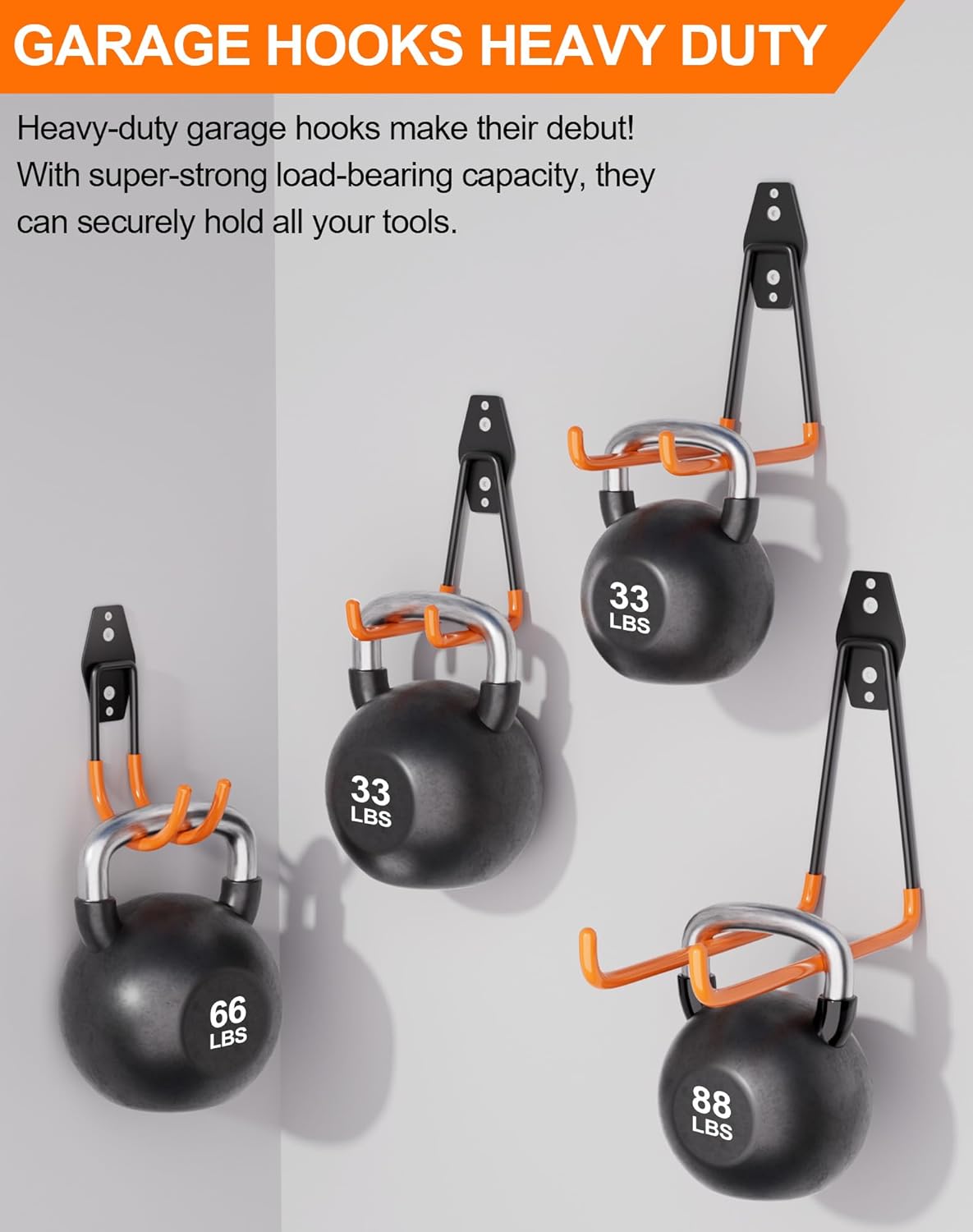 QcoQce 16 Pack Garage Hooks Heavy Duty with 2 Extension Cord Straps,Garage Storage Hooks, Wall Mount Hooks, Garage Organization and Tool Hangers for Bike, Ladder, Ropes and Garden Tools(Orange)