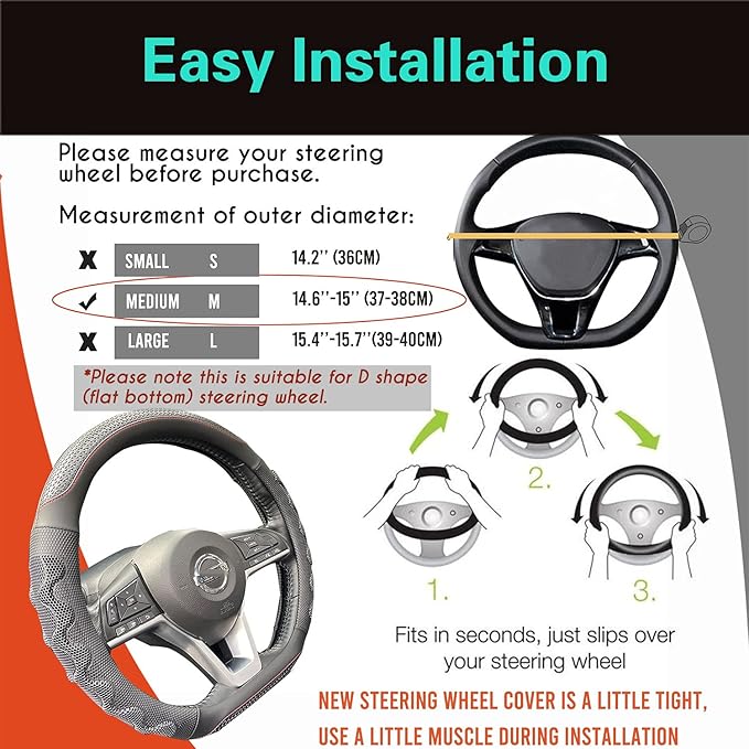 PINCTROT D Shaped 14.5-15 Inch Steering Wheel Cover Great Grip with 3D Honeycomb Anti-Slip Design, Flat Bottom 14.5-15 Inch (Black/Red Stitch)