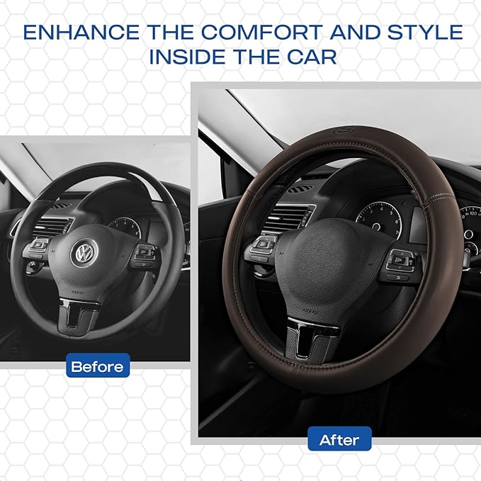 Skechers Memory Foam Steering Wheel Cover,Grade Protein Leather Steering Wheel Cover,Universal Anti-Slip Fit 14" 1/2-15" Car Wheel Cover for Men Women Fit Suvs,Vans,Sedans,Car,Trucks,Brown