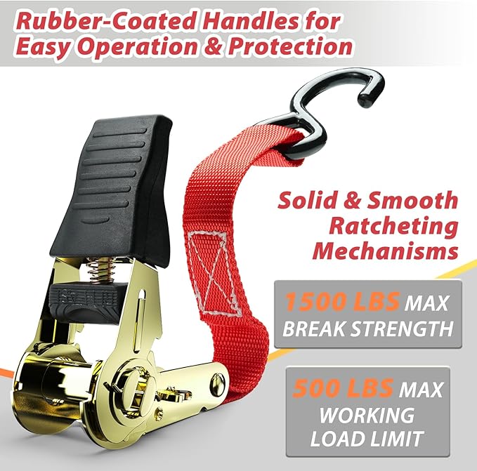 Ratchet Tie Down Strap 8-Pack 15 Ft - 500 lbs Load Cap with 1500 lbs Breaking Limit, Ohuhu Ratchet Tie Downs Logistic Cargo Straps for Moving Appliances, Motorcycle (Red)