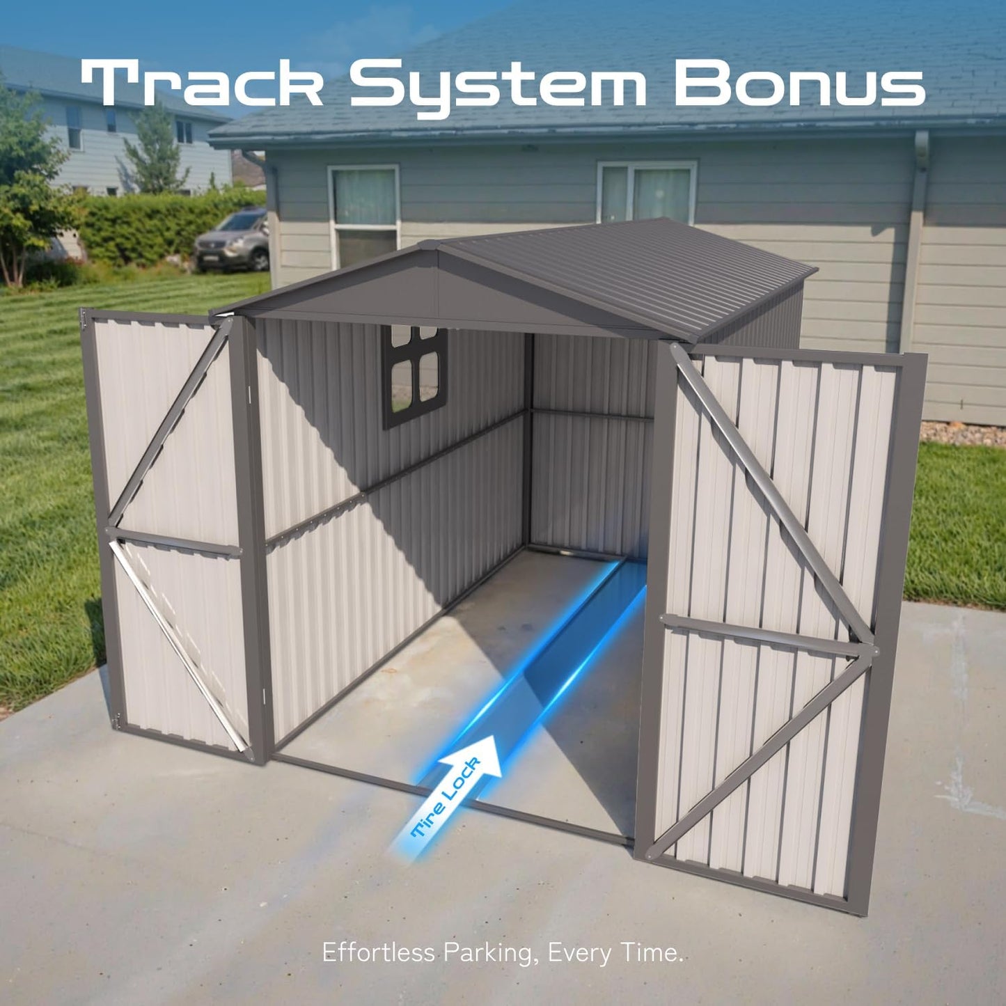 5’ x 10’ Motorcycle Storage Sheds, Metal Shelter & Garage with Windows and Lockable Door Handle, Heavy Duty Vehicle Shed for All Weather, Track System Included, Anthracite