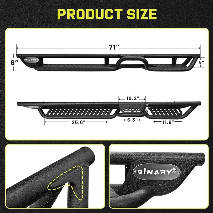 BINARY STAR Running Boards Compatible with Vehicle 2007-2018 Jeep Wrangler JK 4 Doors, 6 Inch Two-Stair Side Steps Nerf Bars, Wrangler Step Bars JKU Step Rails, Carbon Steel Running Boards & Steps.