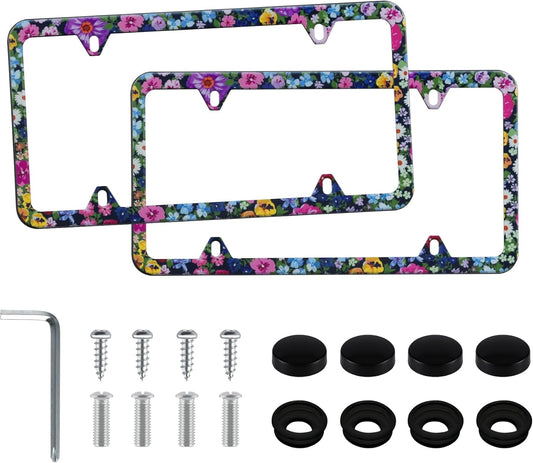 LivTee Flower Floral License Plate Frames, 4 Holes Stainless Steel License Plate Covers, 2PCS Car License Plate Holder, Automotive Exterior Accessories