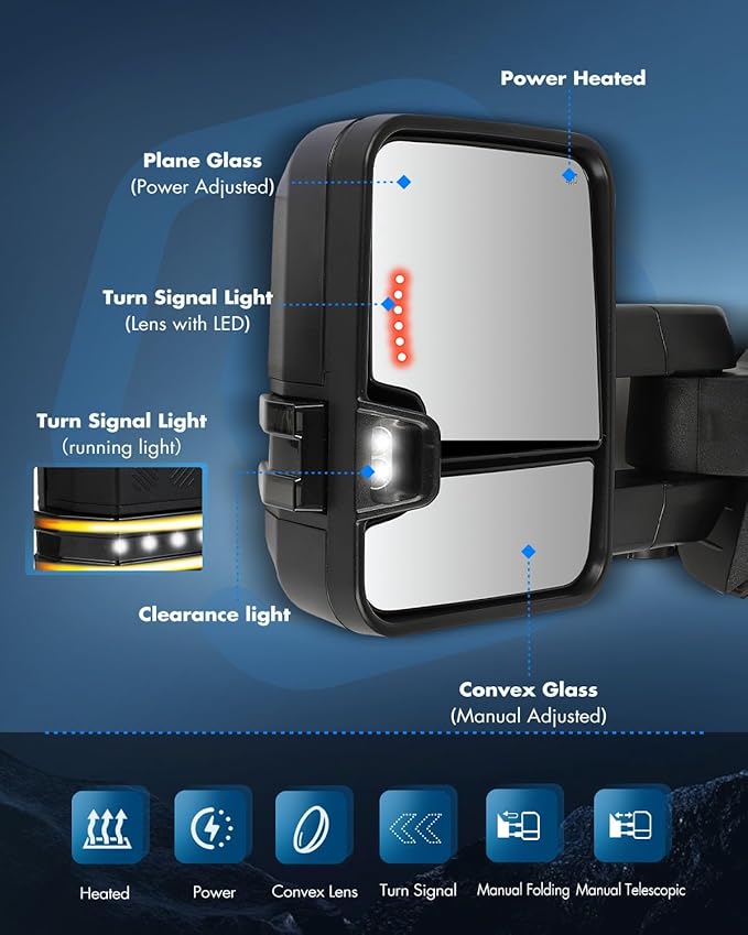 ECCPP Tow Mirrors Towing Mirrors Fit For 2007-2013 For Chevy Silverado 2007-2013 For GMC Sierra With Left Right Side Arrow Signal on Glass With Power Heated Turn Signal Light Back up lamp