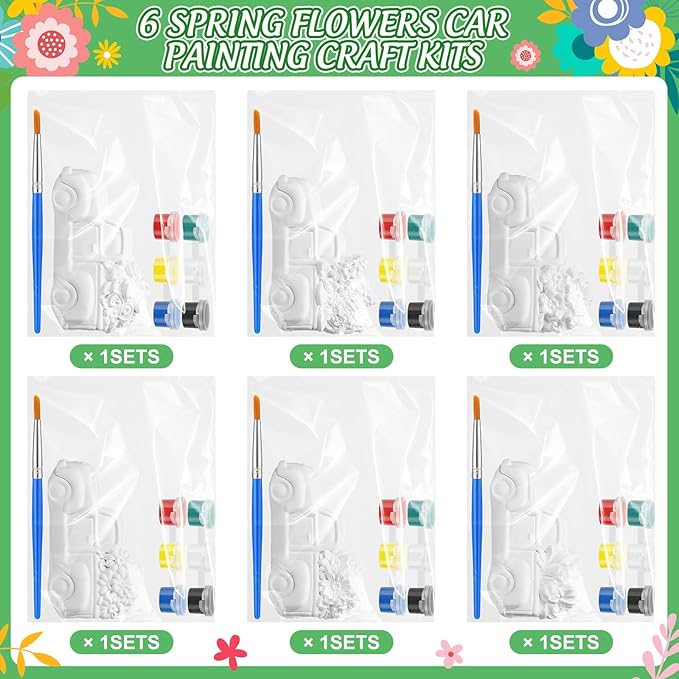 JellyArch 6 Set Spring DIY Painting Kit Ceramic 3D Ceramic Truck with Flowers to Paint Your Own Truck with Daisy Sunflower Tulip Statues Unpainted Plaster Craft with Brush Paint Bag for Adult