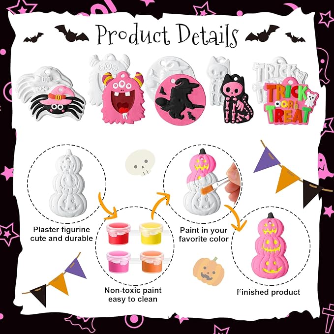 Seenelling 24 Sets Halloween DIY Painting Kits Paint Your Own Ceramics Pumpkin Ghost Unpainted Plaster Statues Arts and Crafts with Brush, Lanyard for Kids Halloween Gifts Party Decor(Kawaii)
