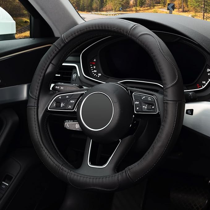 KAFEEK Steering Wheel Cover, Universal 15 inch, Microfiber Leather, Anti-Slip,Odorless, Black Lines