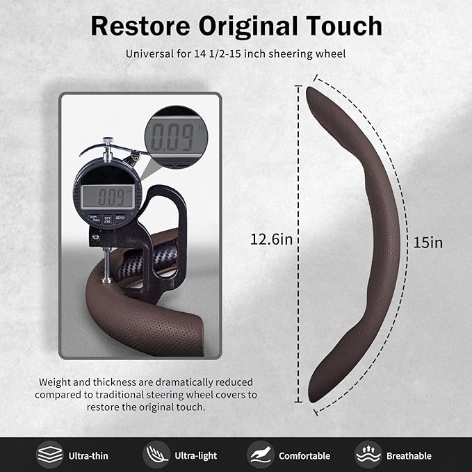 Nappa Leather Car Steering Wheel Cover for Men Women, Ultra-Thin Non-Slip Breathable Microfibre, Universal for 14.5"-15" Steering Wheel - Brown