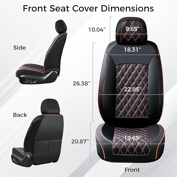 Huidasource Front Seat Covers, Full-Cover Leather Driver Seat Cover, Side Stretch Fabric, Car Interior Front Seat Cover Universal Fit for Most Cars, Most Cars,Vans,Trucks, SUVs (Front Pair/Black&Red)