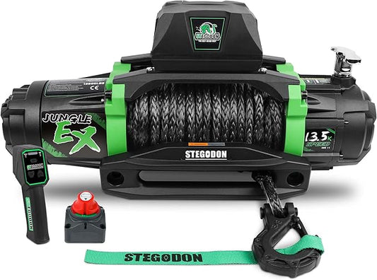 Winch 13500 lb Winch 12V Waterproof Electric Winch Synthetic Rope Winch Off Road Winches with 2 in 1 Wireless Remote for Towing Jeep Truck Off Road (Jungle EX)