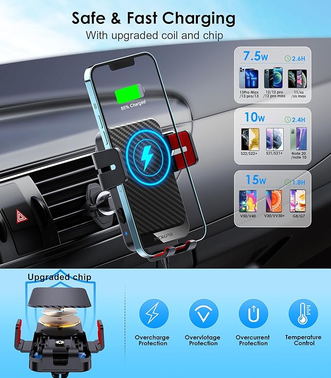 Wireless Car Charger, MOKPR 15W Fast Charging Auto-Clamping Phone Mount Air Vent Cell Phone Holder Compatible with iPhone 16 15/14/13/13 Pro/12 pro/12, for Samsung Galaxy S23/S22/S21/S20, Red
