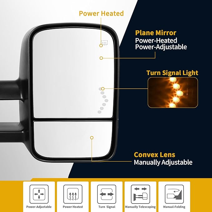 DWVO Power Heated Towing Mirrors for 2003–2007 Chevy Silverado, GMC Sierra Classic Models, Escalade, Tahoe, Suburban, Avalanche, Yukon XL, Denali with Telescoping Fold, LED Turn Signal, Black