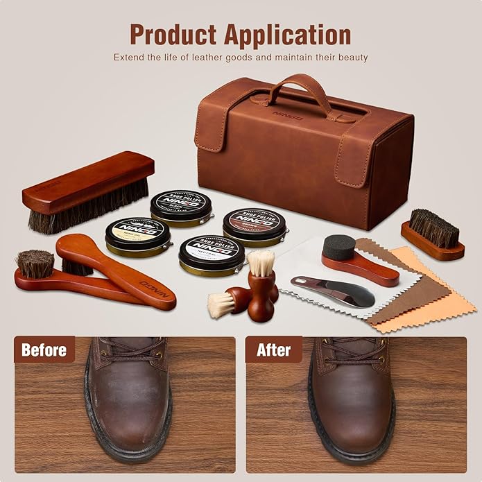 NINGO Leather Shoe Polish Kit, 16pcs Shoe Shine Kit with 6 Horsehair Brushes, 3 Black Brown Neutral Shoe Polish & Mink Oil