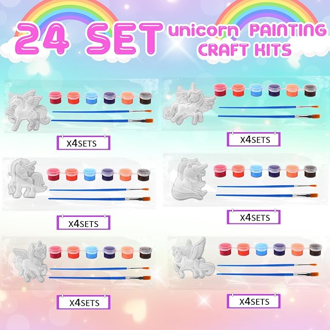 24 Set Unicorn DIY Painting Kit Ceramic to Paint Your Own Unicorn Statues Unpainted Plaster Figurines with Brushes Acrylic Bags Arts and Crafts Kits Party Favor for Adults