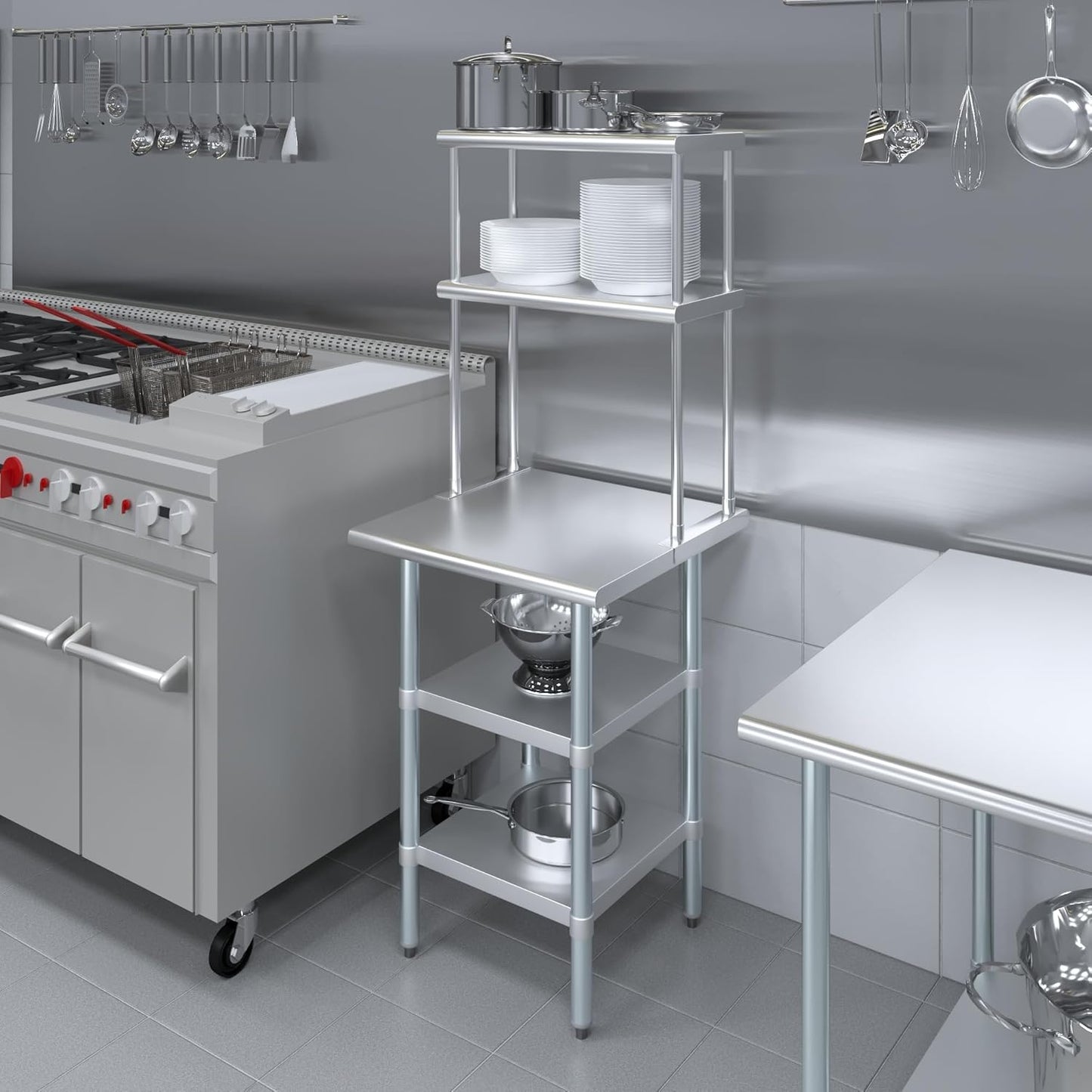 Amgood Stainless Steel Work Table with 2 Shelves | Metal Kitchen Prep Table & Shelving Combo (24" x 24" Table with 2 Shelves + 12" Overshelf)