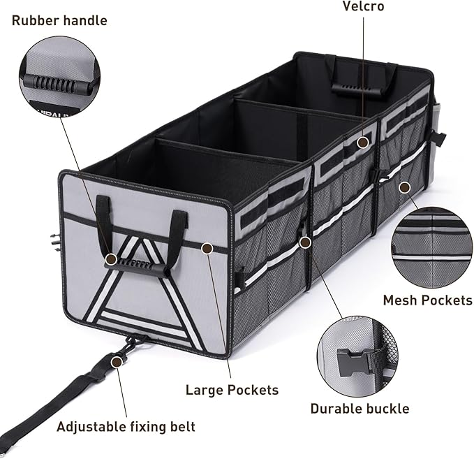 HIRALIY 4 in 1 Car Trunk Storage Organizer, Multi Compartment Foldable Trunk Storage Box with Leakproof Insulated Bag for Car Truck SUV