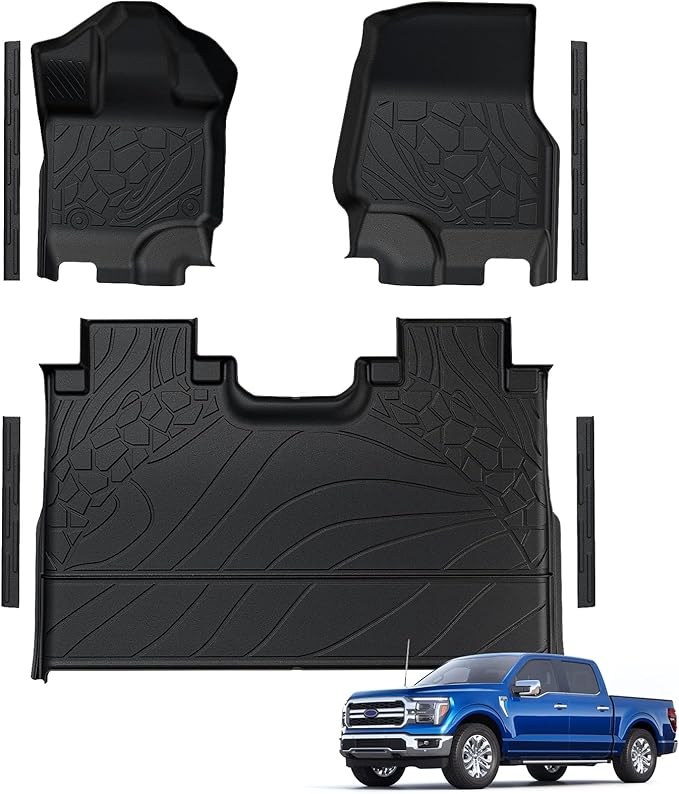 Car Floor Mats for Ford F-150 2015-2025 | F150 Lightning 2022-2025 SuperCrew (Rear w/o Fold Flat Storage) w/Carpet All Weather TPE Black Truck Liners Front & 2nd Row Door Protector Accessories